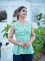 Akiko Women's Rayon Slub Embroidered Regular Top (Green) - Image 3