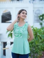 Akiko Women's Rayon Slub Embroidered Regular Top (Green) - Image 4