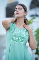 Akiko Women's Rayon Slub Embroidered Regular Top (Green) - Image 5