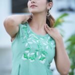 YASH GALLERY Women's Rayon Slub Embroidered Regular Top (Green)