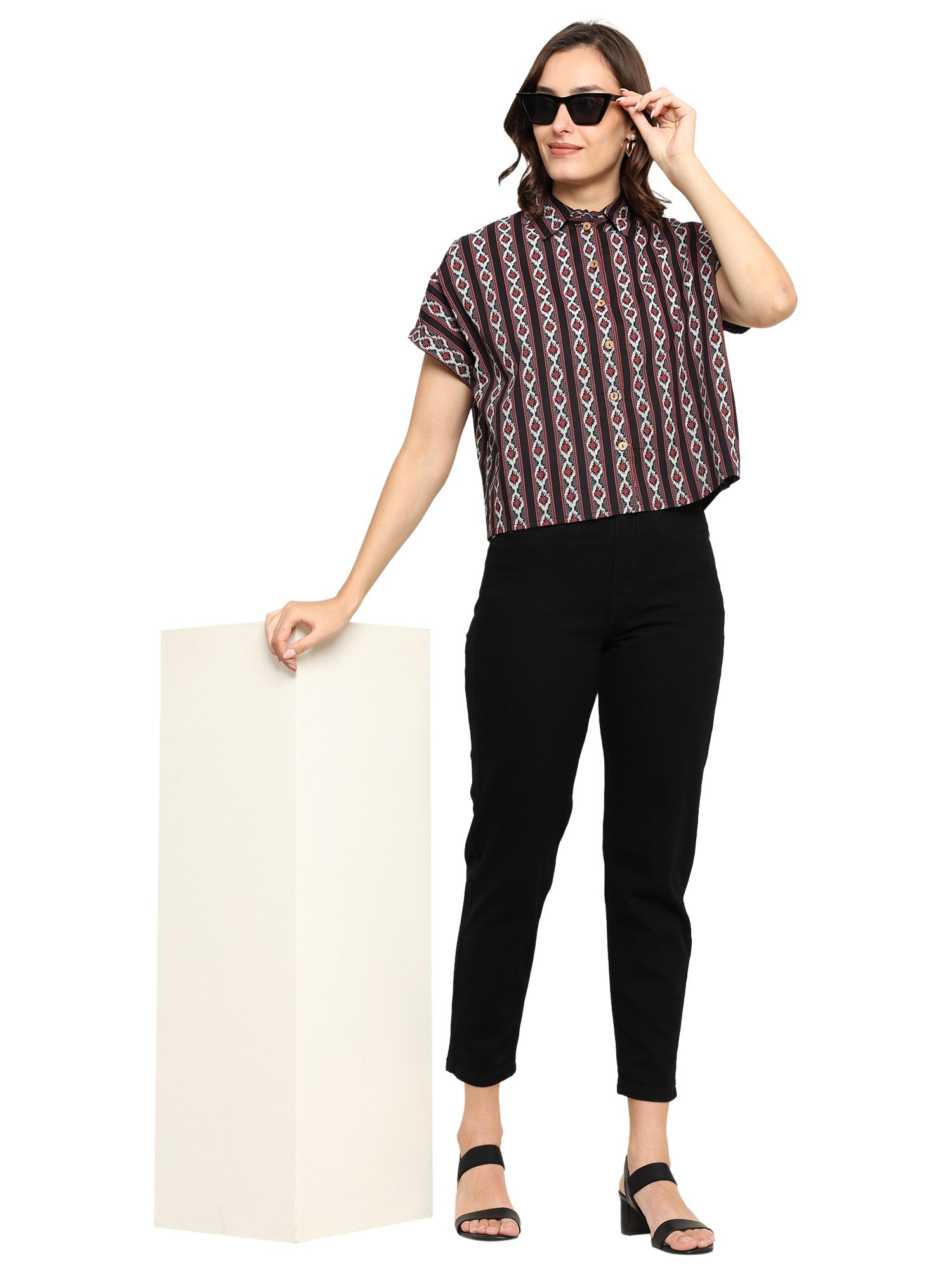 AK-187BLACK1.jpg Akiko Women's Black Geomatrical Printed Oversized Shirt (Black) - Image 1