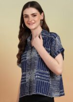 Akiko Women's Cotton Geometrical Printed Half Sleeve Regular fit Collared Shirt (Blue) - Image 3