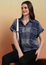 Akiko Women's Cotton Geometrical Printed Half Sleeve Regular fit Collared Shirt (Blue) - Image 4