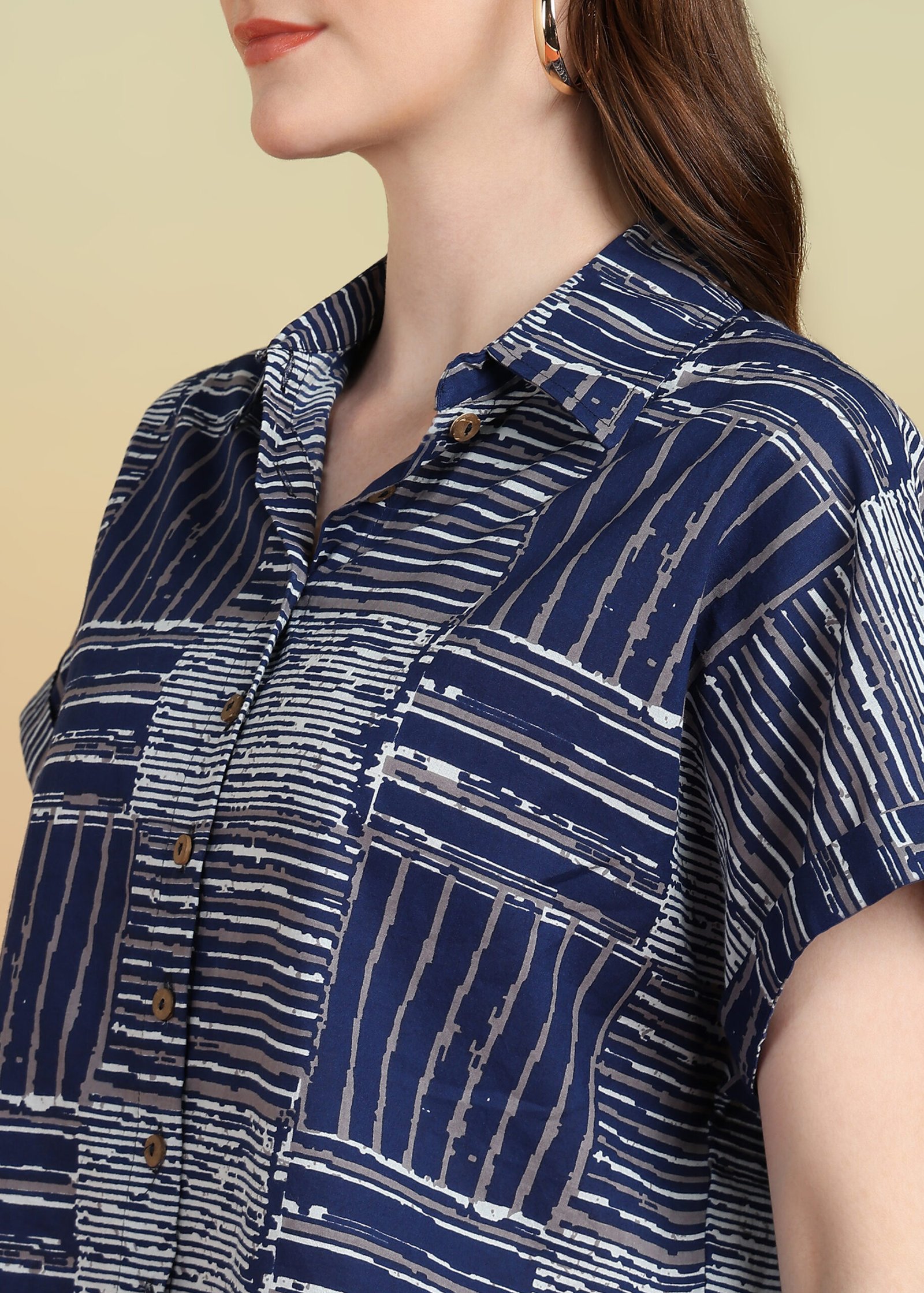 AK-192BLUE7.jpg Yash Gallery Women's Cotton Geometrical Printed Half Sleeve Regular fit Collared Shirt (Blue) - Image 1
