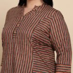 Yash Gallery Women's Cotton Calf Length 3/4th Sleeve Mandarin Collar Striped Printed Straight Kurta with Pant & Dupatta