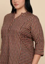 Akiko Women's Cotton Calf Length 3/4th Sleeve Mandarin Collar Striped Printed Straight Kurta with Pant & Dupatta - Image 5