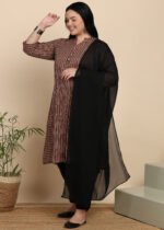 Akiko Women's Cotton Calf Length 3/4th Sleeve Mandarin Collar Striped Printed Straight Kurta with Pant & Dupatta - Image 4