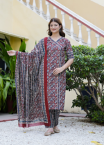 Akiko Women's Floral Print Cambric Cotton Angrakha Kurta Set with Dupatta