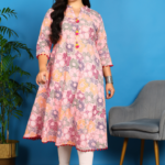 Akiko Women?s Cotton Printed A-Line Kurta Mandarin Collar V-Neck, 3/4 Sleeves (Pink)