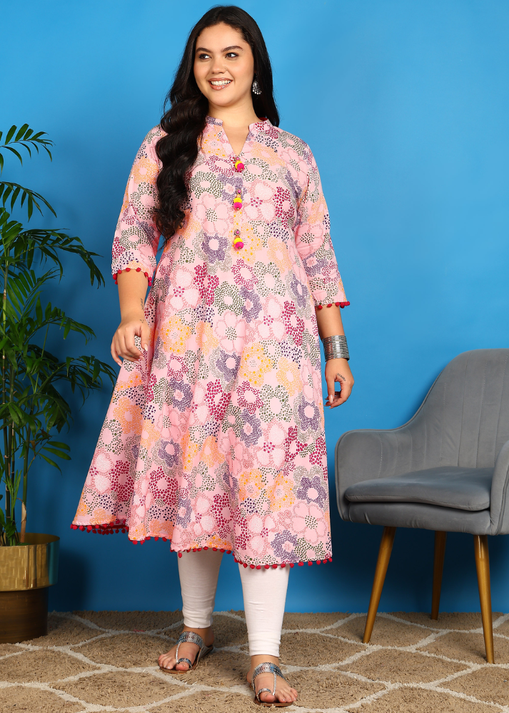 Untitled design (12) Akiko Women?s Cotton Printed A-Line Kurta Mandarin Collar V-Neck, 3/4 Sleeves (Pink) - Image 1