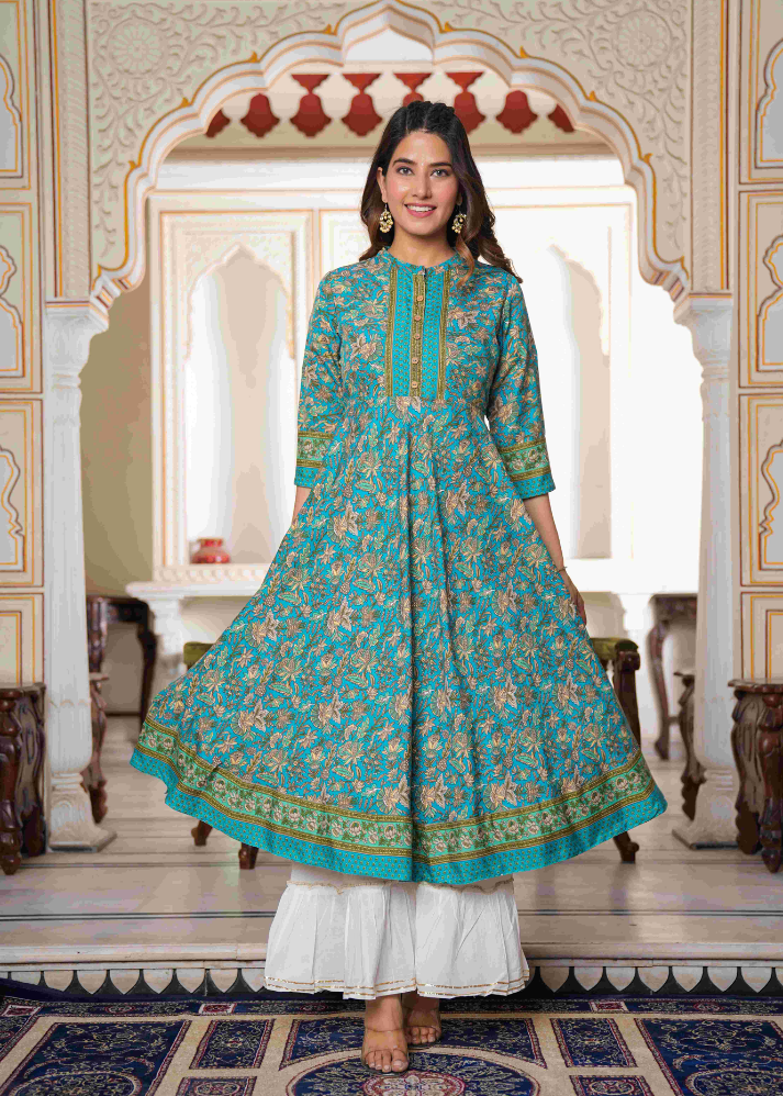 Untitled design (12) Akiko Women's Floral Printed Anarkali Kurti (Green) - Image 1