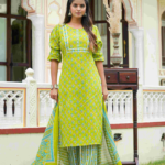 Akiko Women's Floral Printed Straight Kurta with Pant & Dupatta Set (Green)
