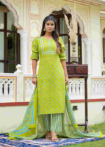 Akiko Women's Floral Printed Straight Kurta with Pant & Dupatta Set (Green)