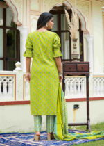 Akiko Women's Floral Printed Straight Kurta with Pant & Dupatta Set (Green) - Image 2