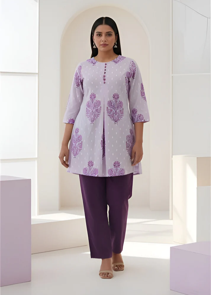 Untitled design (15) Akiko Women?s Cotton Printed A-Line Kurti with Front Pleat and Fabric Buttons - Image 1