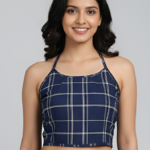 Akiko Women?s Rayon Checked Print Sleeveless Blouse (Blue)