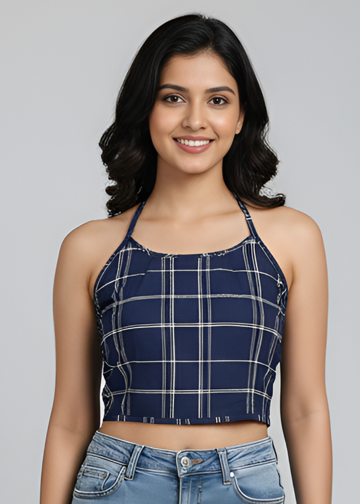 Untitled design (17) Akiko Women?s Rayon Checked Print Sleeveless Blouse (Blue) - Image 1