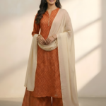 Akiko Women's Geometric Print Rayon Staple Kurta Pant with Dupatta Set (Orange)