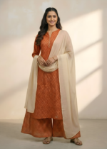 Akiko Women's Geometric Print Rayon Staple Kurta Pant with Dupatta Set (Orange)
