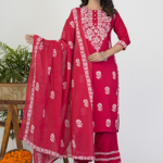 Akiko Women?s Rayon Kurta Printed Chikankari Motifs with Dupatta and Plazzo , Round Neck, 3/4 Sleeves (Red)