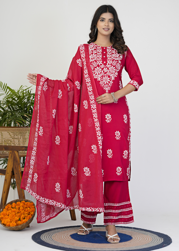 Untitled design (19) Akiko Women?s Rayon Kurta Printed Chikankari Motifs with Dupatta and Plazzo , Round Neck, 3/4 Sleeves (Red) - Image 1