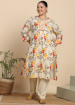Akiko Women's Cotton Slub Floral Print Calf Length Mandarin Collar Straight Kurta With Pant (Multi)