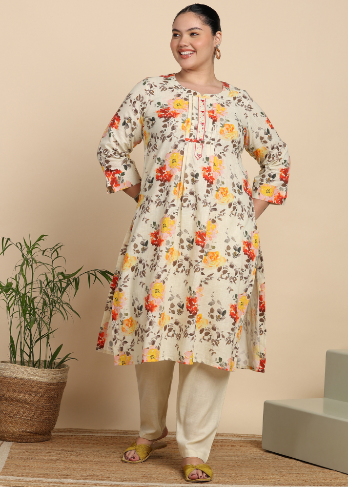 Untitled design (2) Akiko Women's Cotton Slub Floral Print Calf Length Mandarin Collar Straight Kurta With Pant (Multi) - Image 1