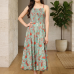 Akiko Women's Green Floral Smoking Embroidered Flared Dress (Green)