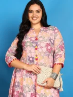 Akiko Women?s Cotton Printed A-Line Kurta Mandarin Collar V-Neck, 3/4 Sleeves (Pink) - Image 3