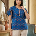 Akiko Women's Blue Cotton Floral Printed Top (Blue)