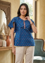 Akiko Women's Blue Cotton Floral Printed Top (Blue)