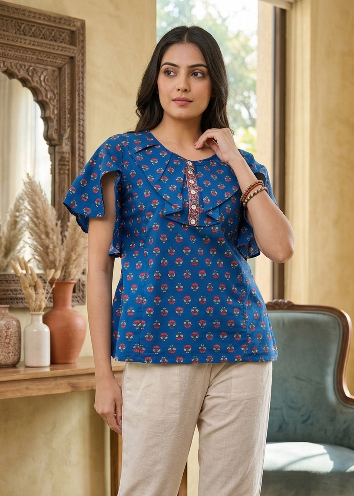 Untitled design (27) Akiko Women's Blue Cotton Floral Printed Top (Blue) - Image 1