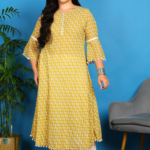 Akiko Women's Poly Cotton 3/4 sleeve Anarkali Kurti with Pom Pom Lace & Embroidery (Yellow)