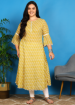 Akiko Women's Poly Cotton 3/4 sleeve Anarkali Kurti with Pom Pom Lace & Embroidery (Yellow)