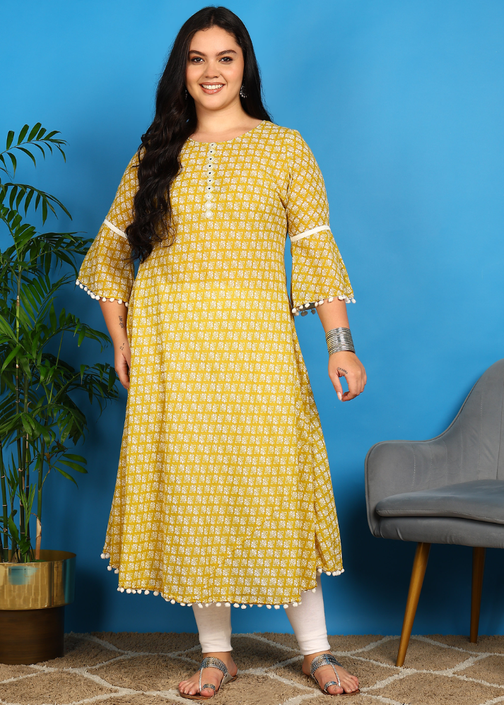 Untitled design (28) Akiko Women's Poly Cotton 3/4 sleeve Anarkali Kurti with Pom Pom Lace & Embroidery (Yellow) - Image 1