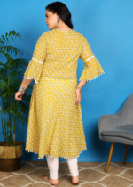 Akiko Women's Poly Cotton 3/4 sleeve Anarkali Kurti with Pom Pom Lace & Embroidery (Yellow) - Image 2