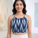 Akiko Women's Blue Ikat Print Rayon Halter Neck Backless Blouse