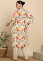 Akiko Women's Cotton Slub Floral Print Calf Length Mandarin Collar Straight Kurta With Pant (Multi) - Image 2