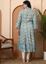 Akiko Women's Poly Rayon 3/4 sleeve shirt collar Geometrical Printed Anarkali Kurta(Green) - Image 2