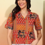 Akiko Women's Blue Printed Cambric Cotton Short Sleeve Shirt Top