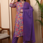 Akiko Women's Purple Cotton Cambric Floral Print Calf Length V-Neck With Hand Work Detaliing 3/4 Sleeves Straight Kurta With Pant And Duptta (Purple)