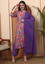 Akiko Women's Purple Cotton Cambric Floral Print Calf Length V-Neck With Hand Work Detaliing 3/4 Sleeves Straight Kurta With Pant And Duptta (Purple)