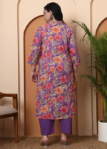Akiko Women's Purple Cotton Cambric Floral Print Calf Length V-Neck With Hand Work Detaliing 3/4 Sleeves Straight Kurta With Pant And Duptta (Purple) - Image 2