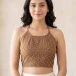 Akiko Women's Brown Floral Print Rayon Halter Neck Backless Blouse