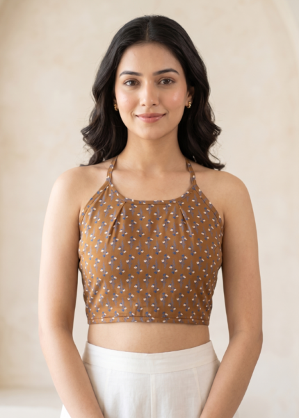 Akiko Women's Brown Floral Print Rayon Halter Neck Backless Blouse