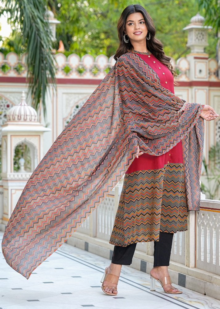 Untitled design (35) Akiko Women's Rayon & Cotton Cambric Zig-Zag Printed A-line Kurta & Duptta - Image 1