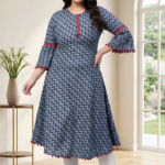 Akiko Women's Cambric Cotton Printed Mirror Work A-Line Kurta (Blue)
