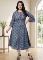 Akiko Women's Cambric Cotton Printed Mirror Work A-Line Kurta (Blue)