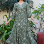 Akiko Women's Rayon Bandhej Printed A-Line Kurta (Green)