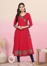 Akiko Women's Cotton Slub Angrakha Style Anarkali Kurta (Pink)